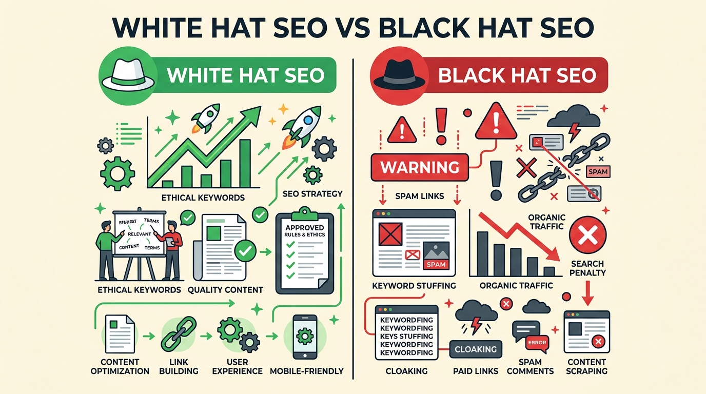 White hat vs black hat seo diagram explaining differences